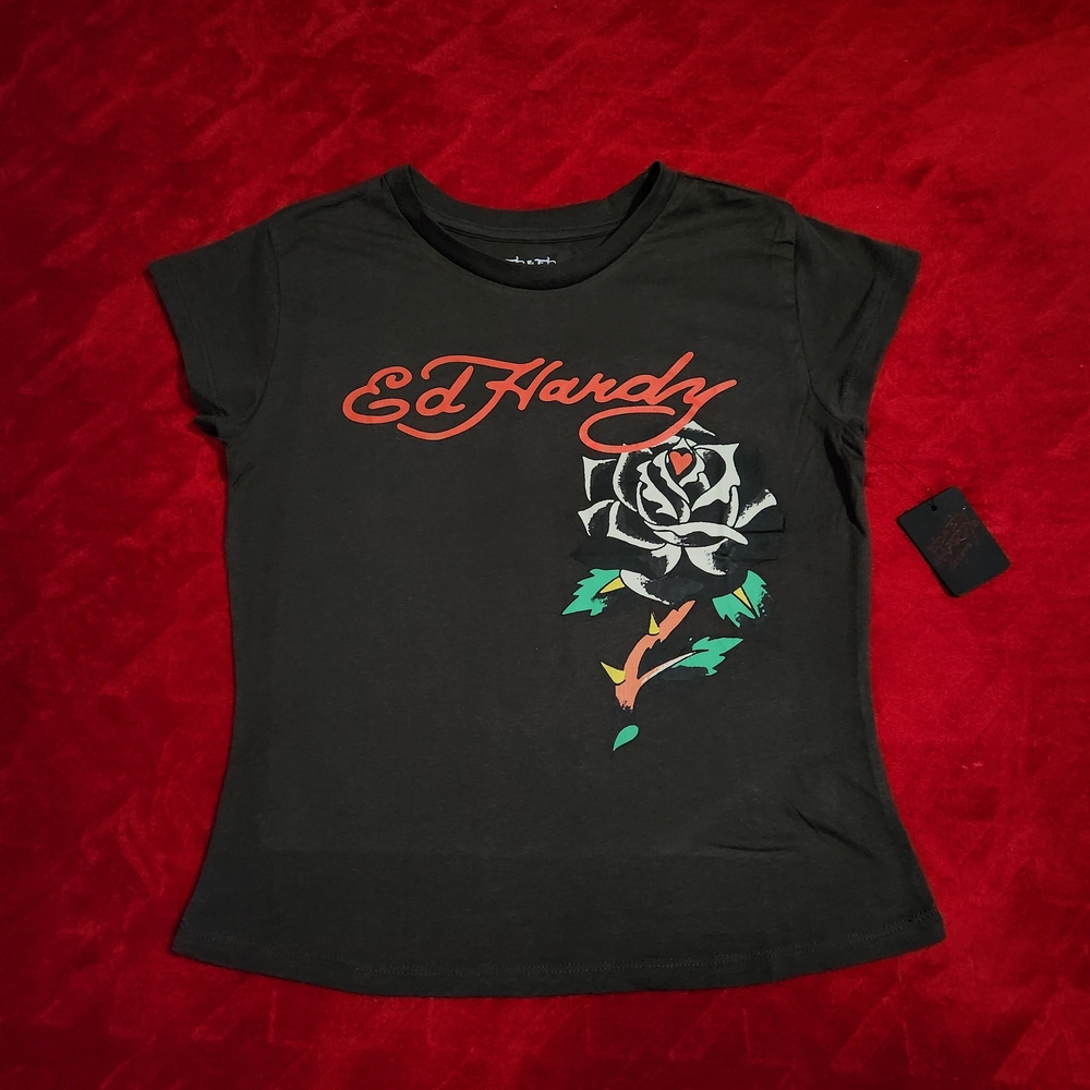 NWT Ed Hardy Black Tee with Colorful Rose Graphic